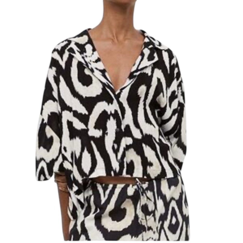 H&M Oversized Resort Shirt and satin set set Dark white/patterned size L